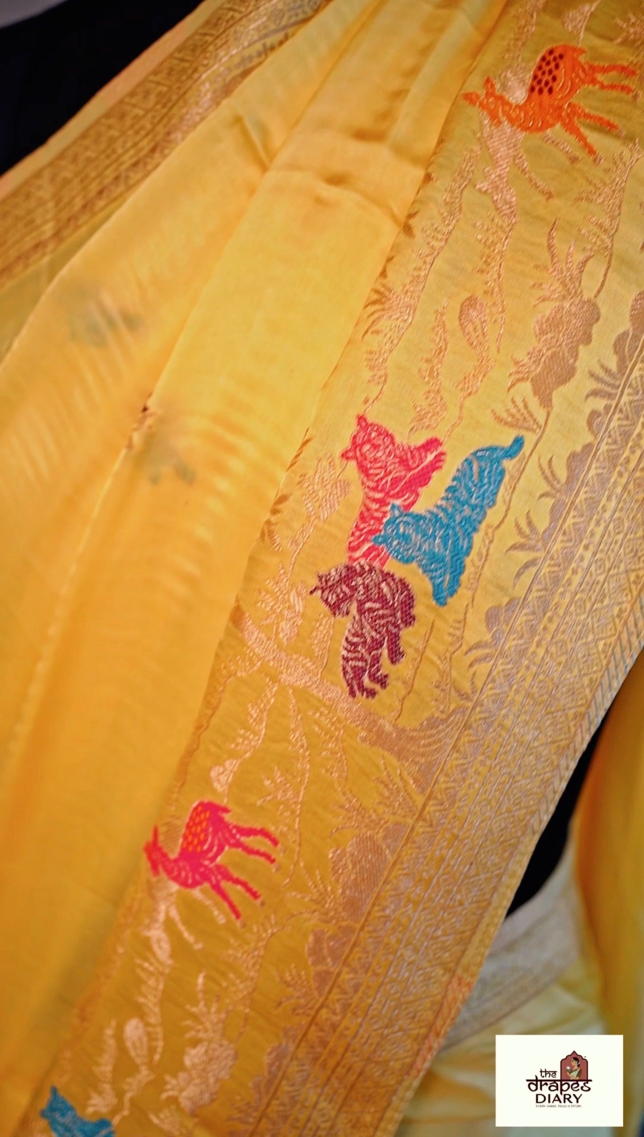 Golden Hunt – Lemon Yellow Satin Meenakari Saree