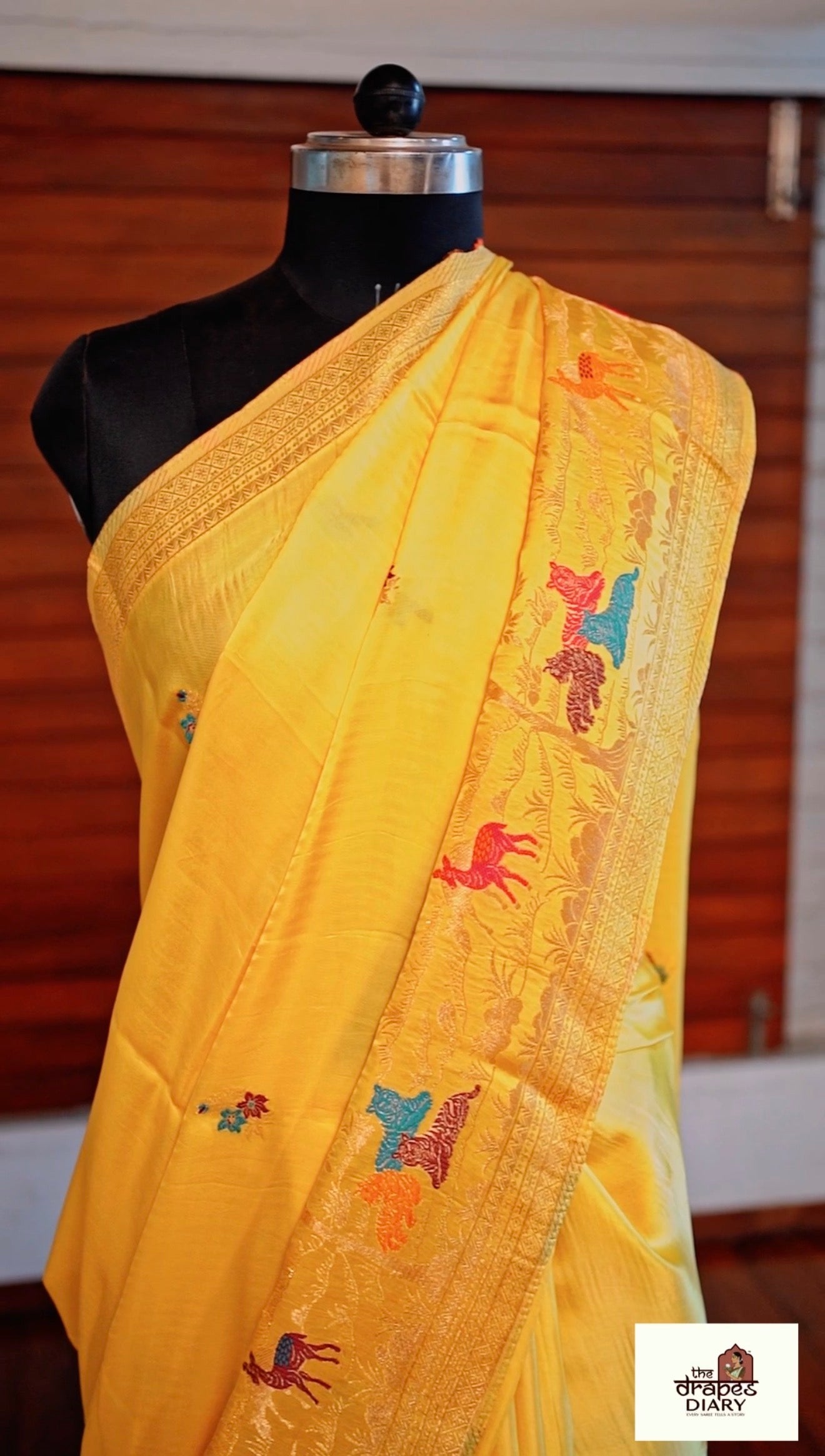 Golden Hunt – Lemon Yellow Satin Meenakari Saree