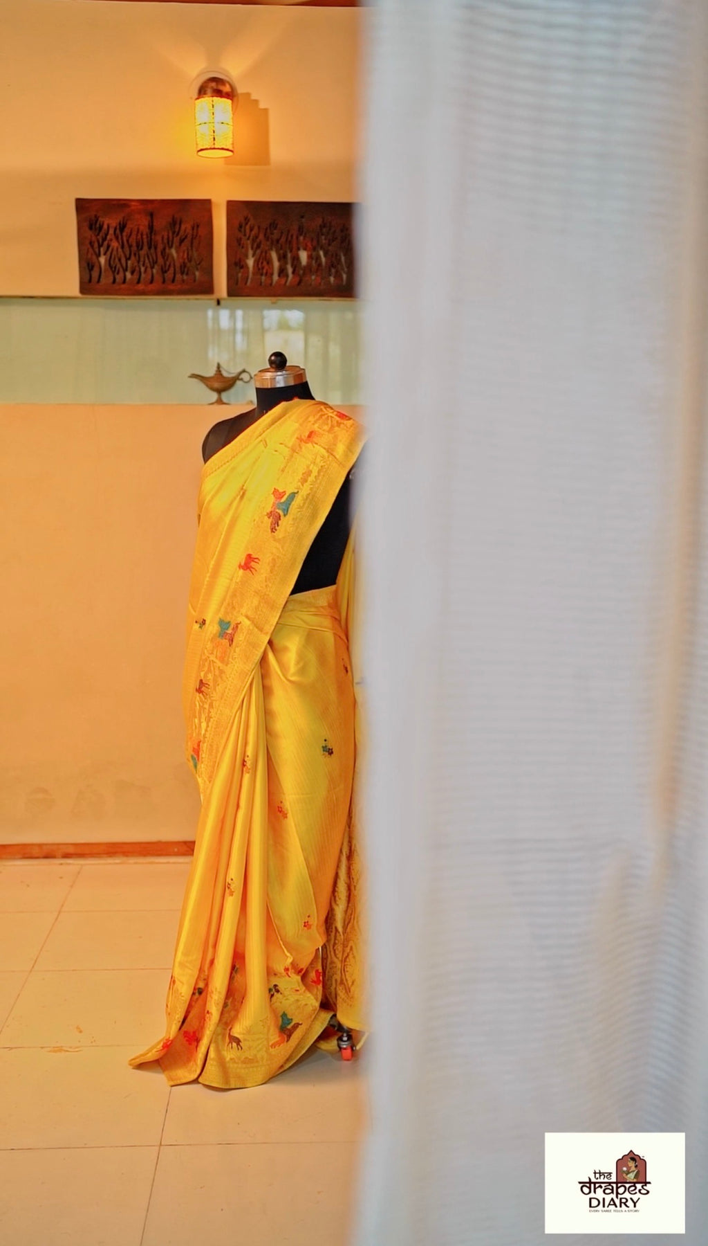 Golden Hunt – Lemon Yellow Satin Meenakari Saree
