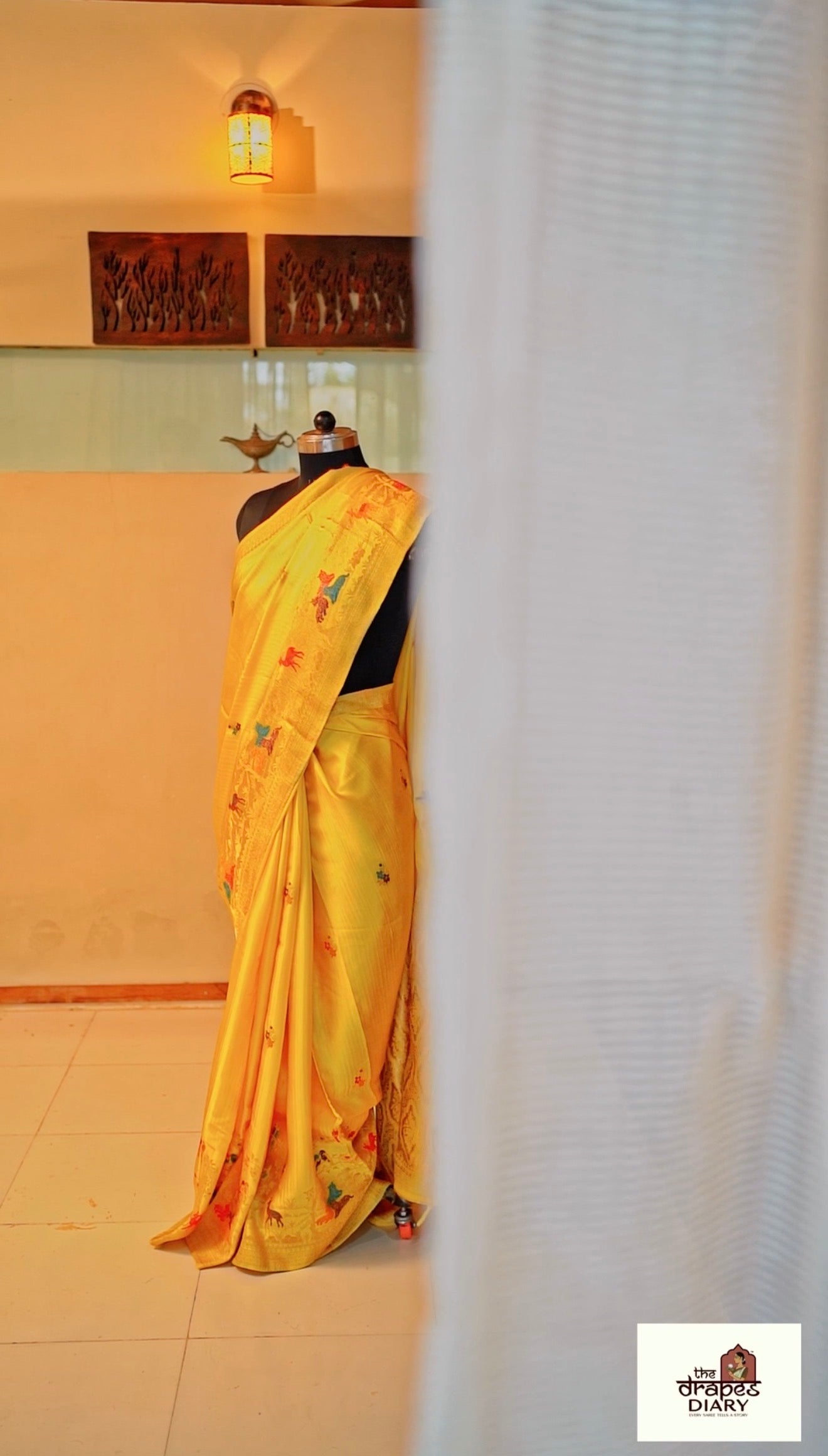 Golden Hunt – Lemon Yellow Satin Meenakari Saree