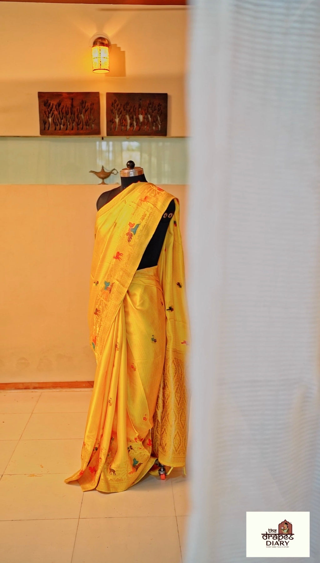 Golden Hunt – Lemon Yellow Satin Meenakari Saree