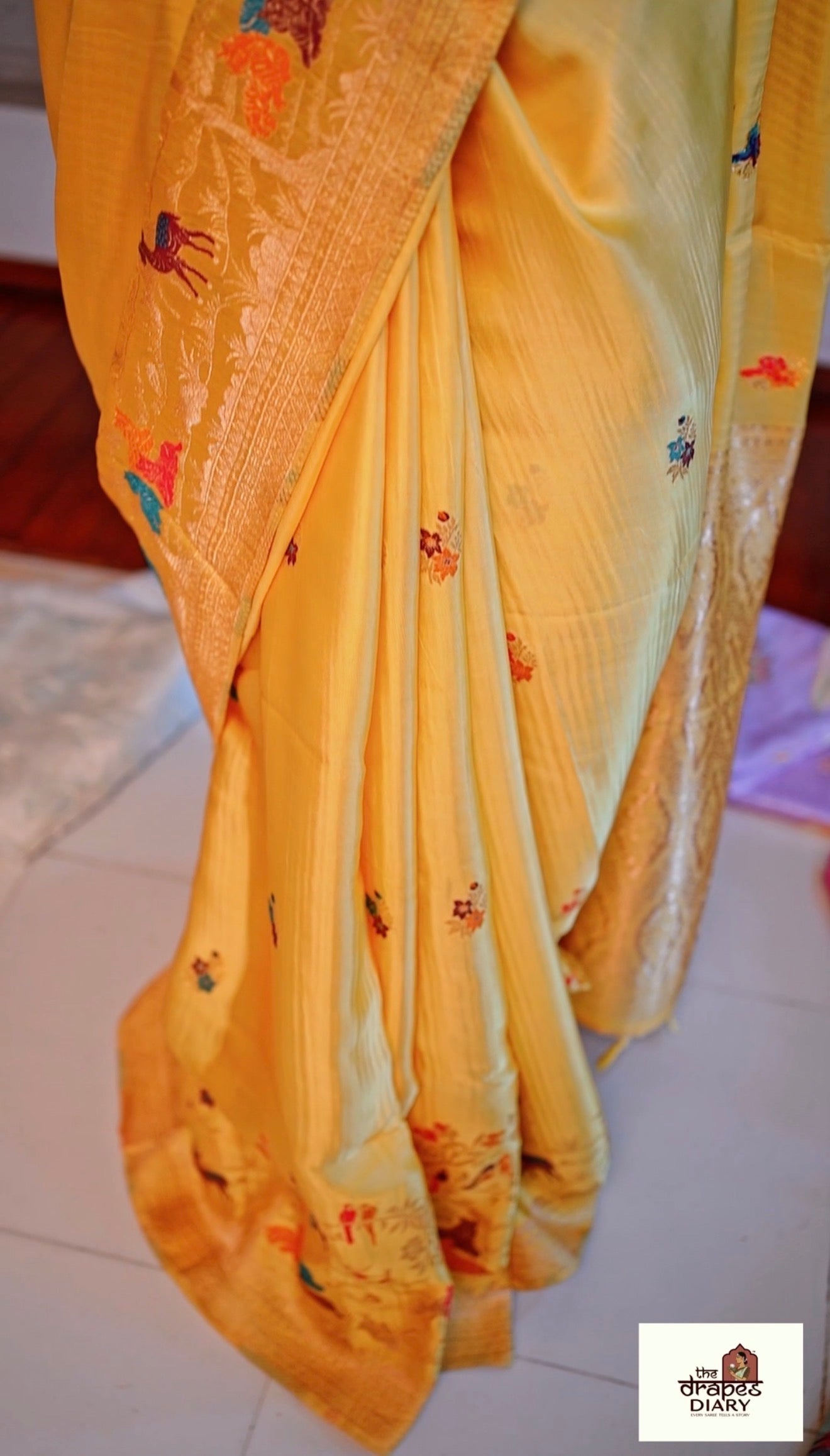 Golden Hunt – Lemon Yellow Satin Meenakari Saree