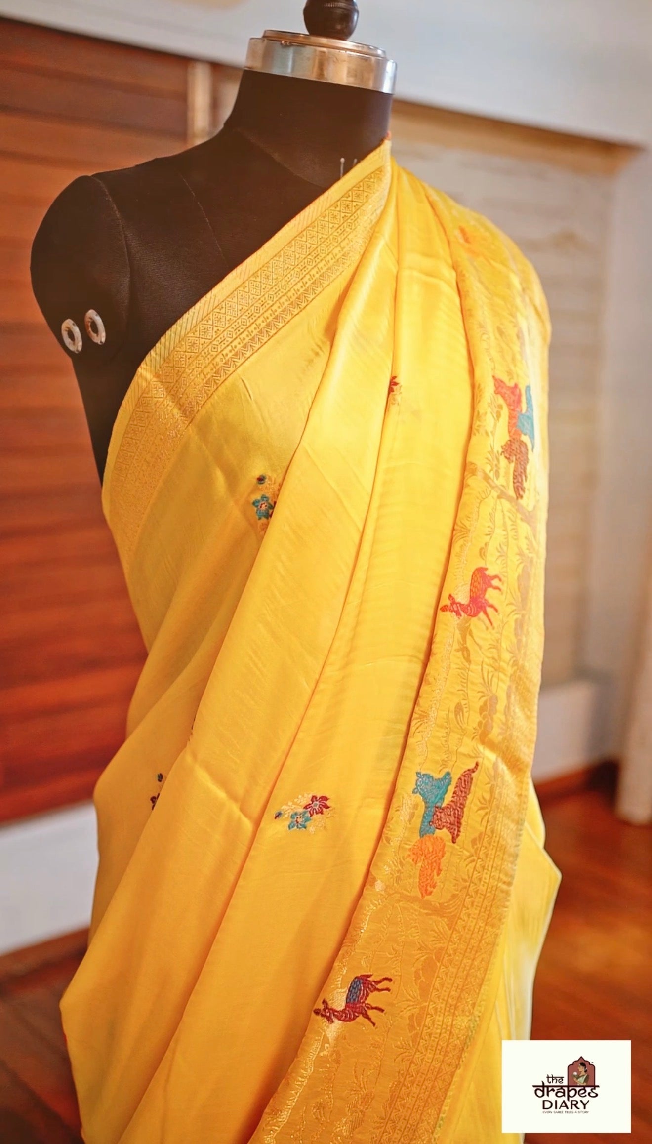 Golden Hunt – Lemon Yellow Satin Meenakari Saree