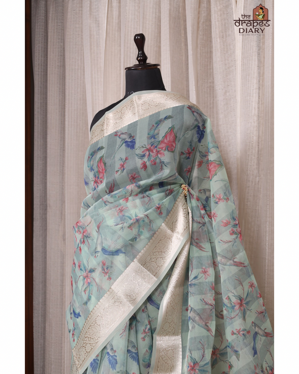 Luminous Hues – Soft Teal Cream Organza Saree