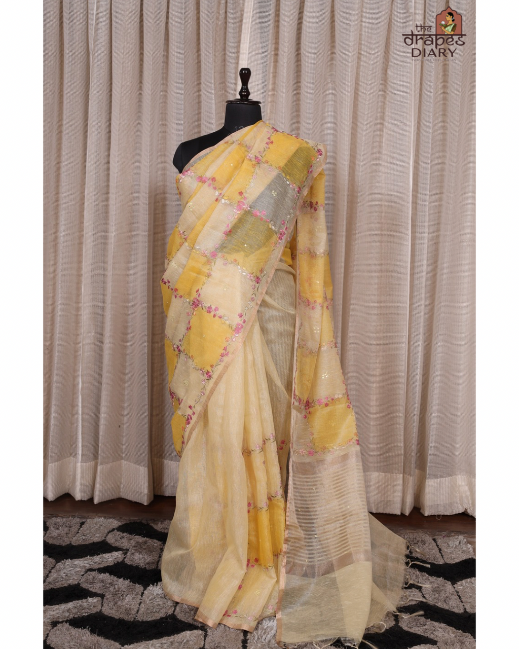 Golden Vine – Mustard Linen Tissue Saree