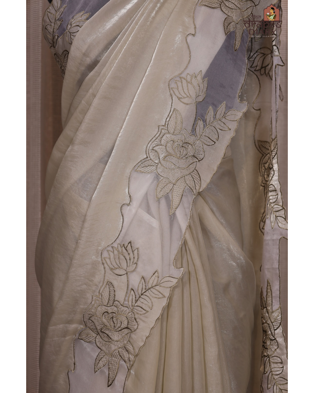 Ethereal Blooms – Soft Sage Cream Shimmer Tissue Saree