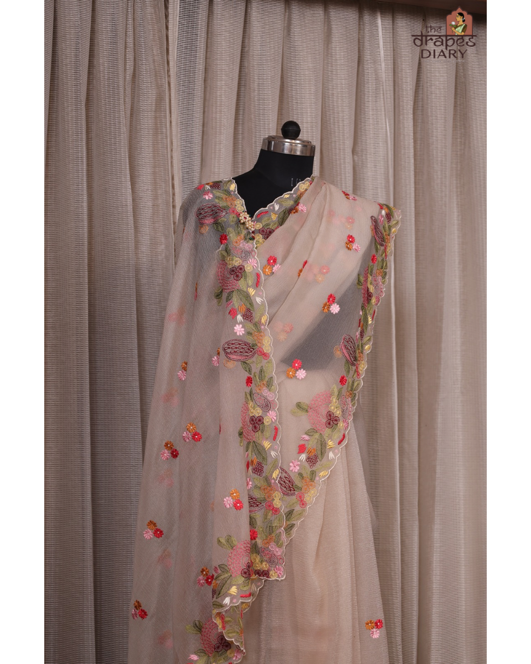 Champagne Whisper – Embroidered Crush Tissue Saree