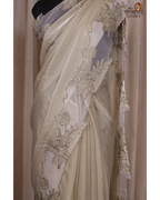 Ethereal Blooms – Soft Sage Cream Shimmer Tissue Saree