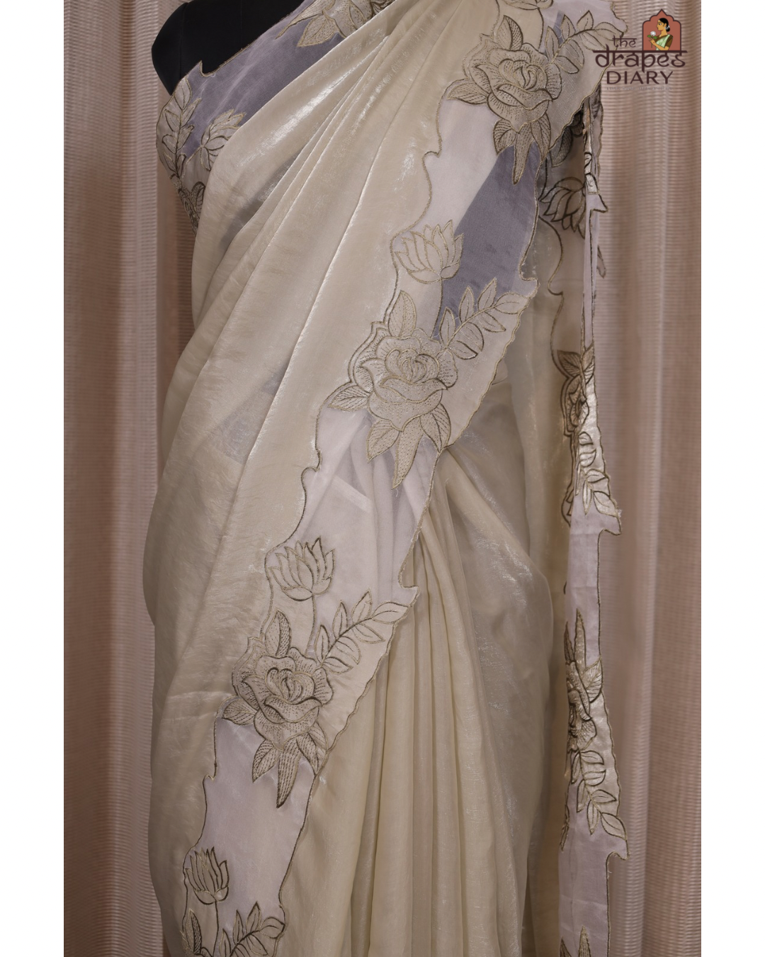 Ethereal Blooms – Soft Sage Cream Shimmer Tissue Saree