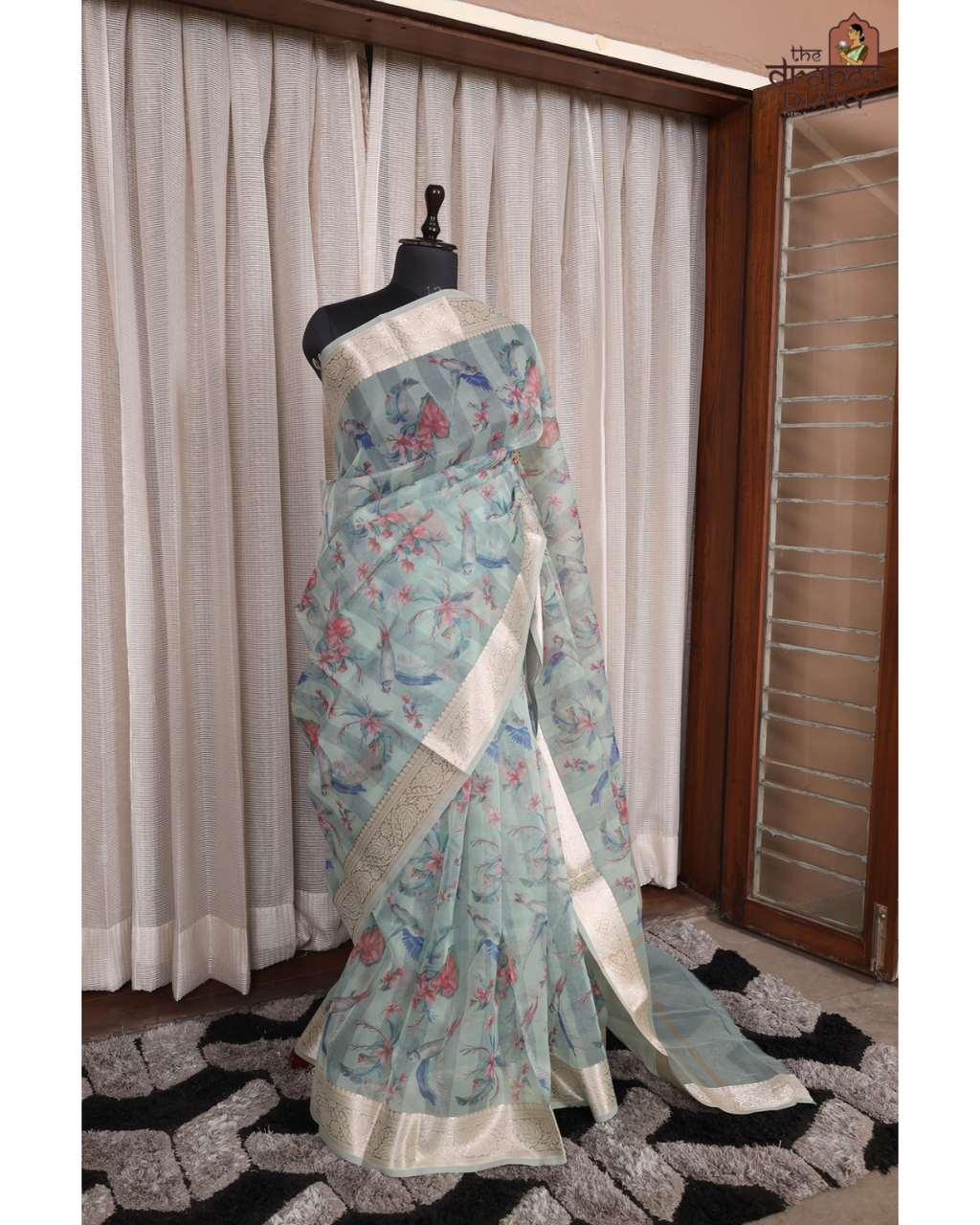 Luminous Hues – Soft Teal Cream Organza Saree