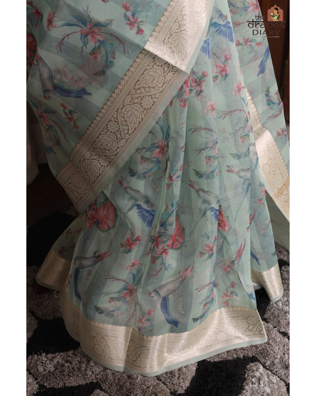 Luminous Hues – Soft Teal Cream Organza Saree
