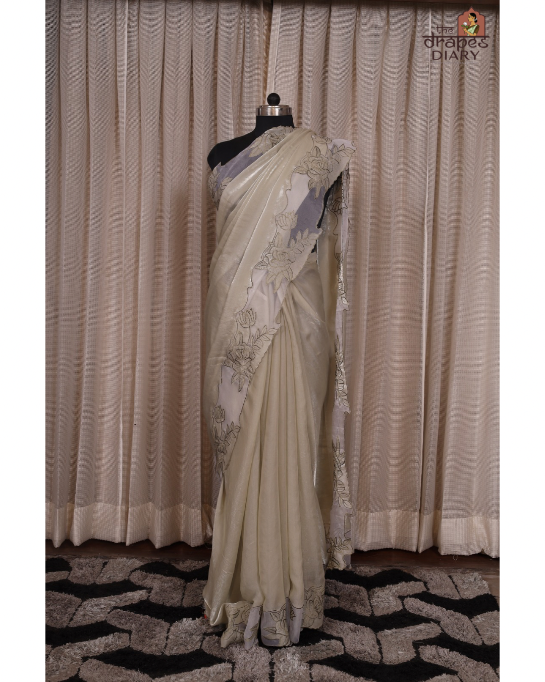 Ethereal Blooms – Soft Sage Cream Shimmer Tissue Saree