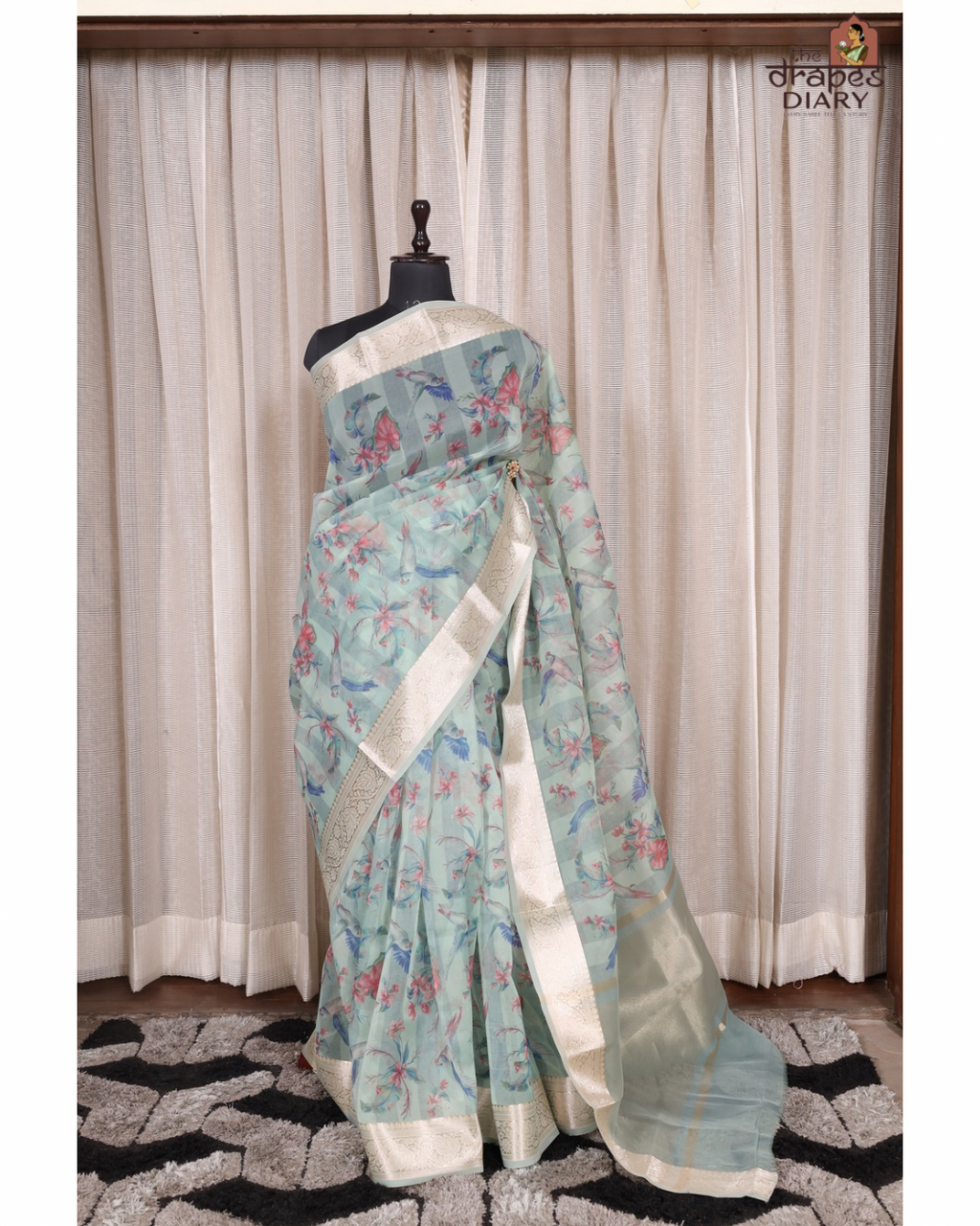 Luminous Hues – Soft Teal Cream Organza Saree