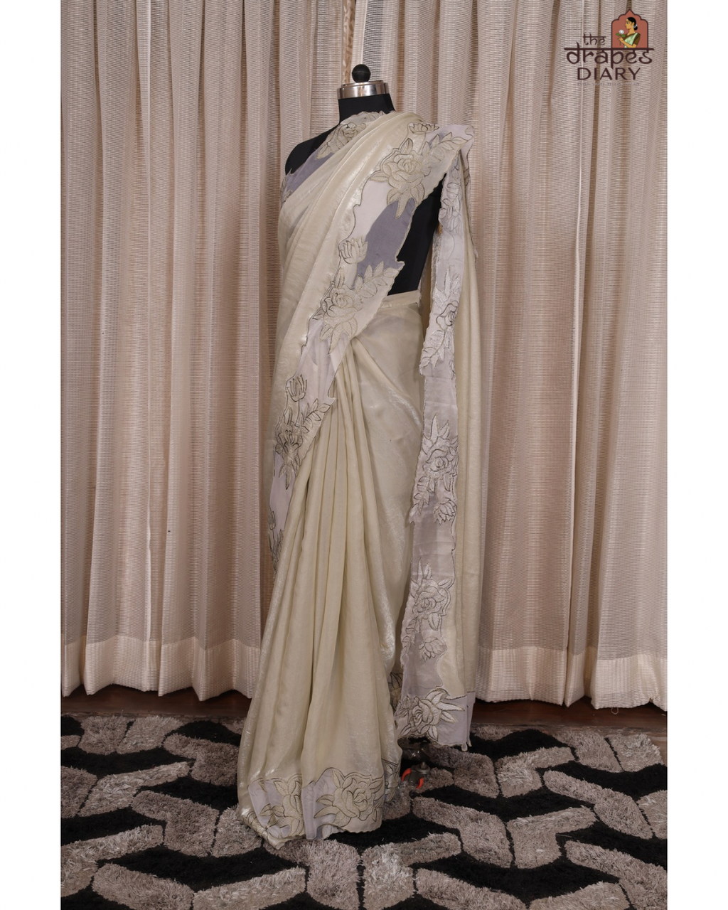 Ethereal Blooms – Soft Sage Cream Shimmer Tissue Saree