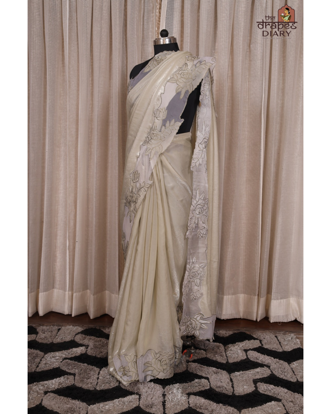 Ethereal Blooms – Soft Sage Cream Shimmer Tissue Saree