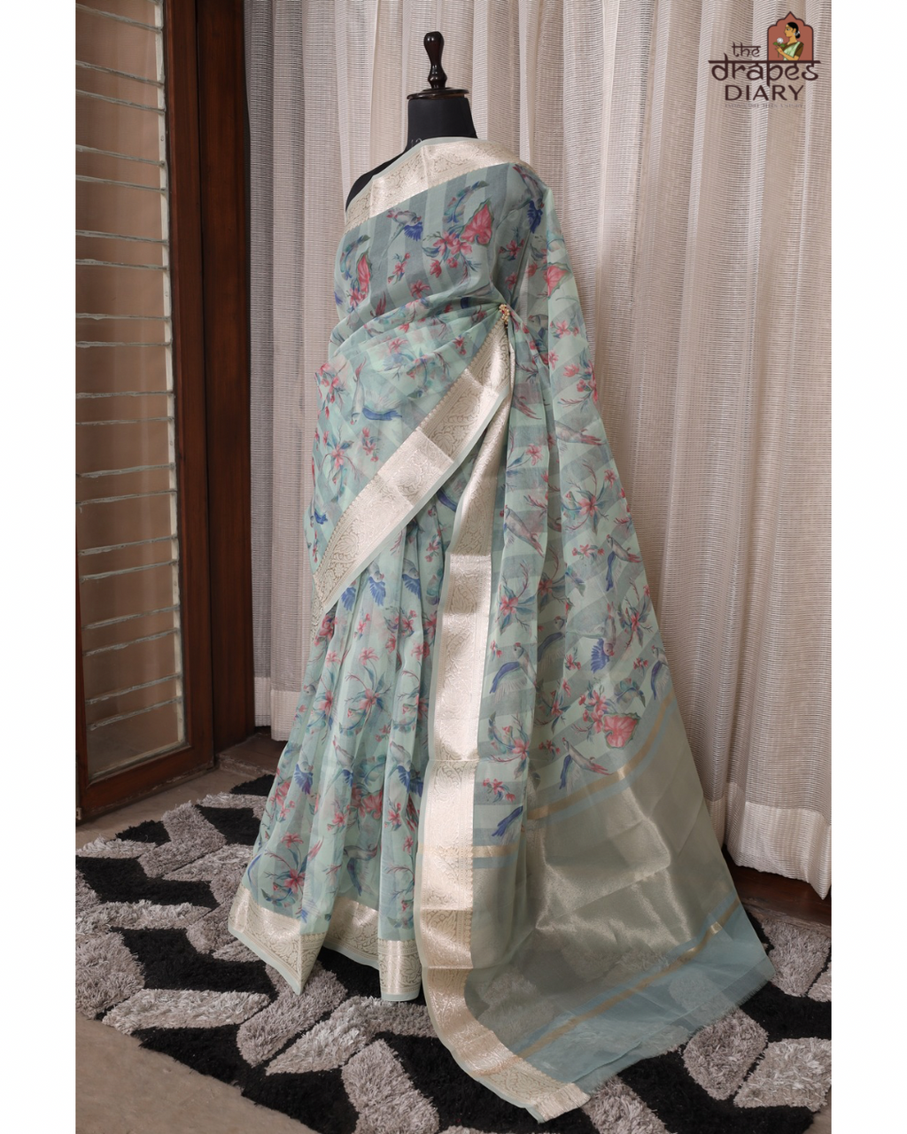 Luminous Hues – Soft Teal Cream Organza Saree