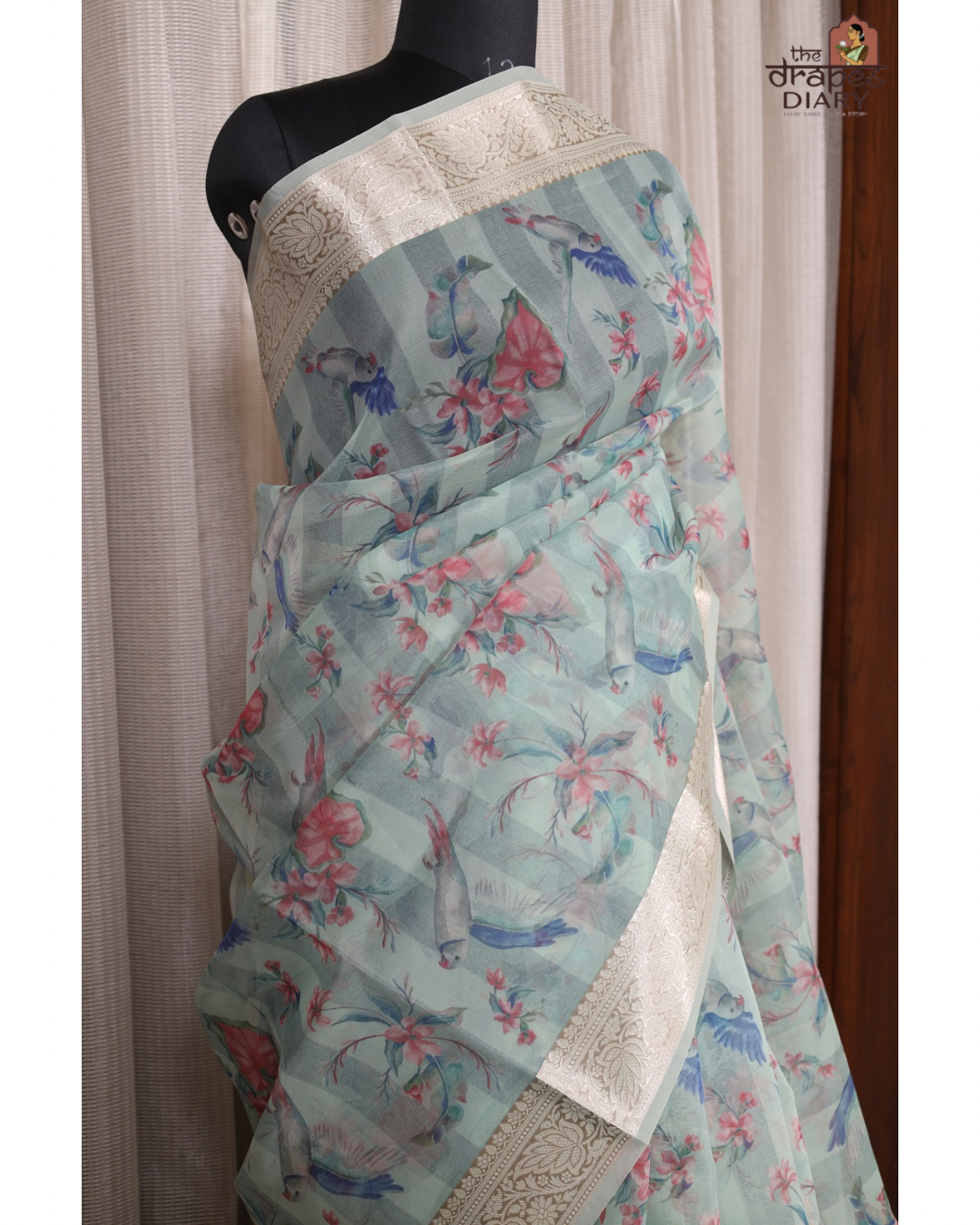 Luminous Hues – Soft Teal Cream Organza Saree