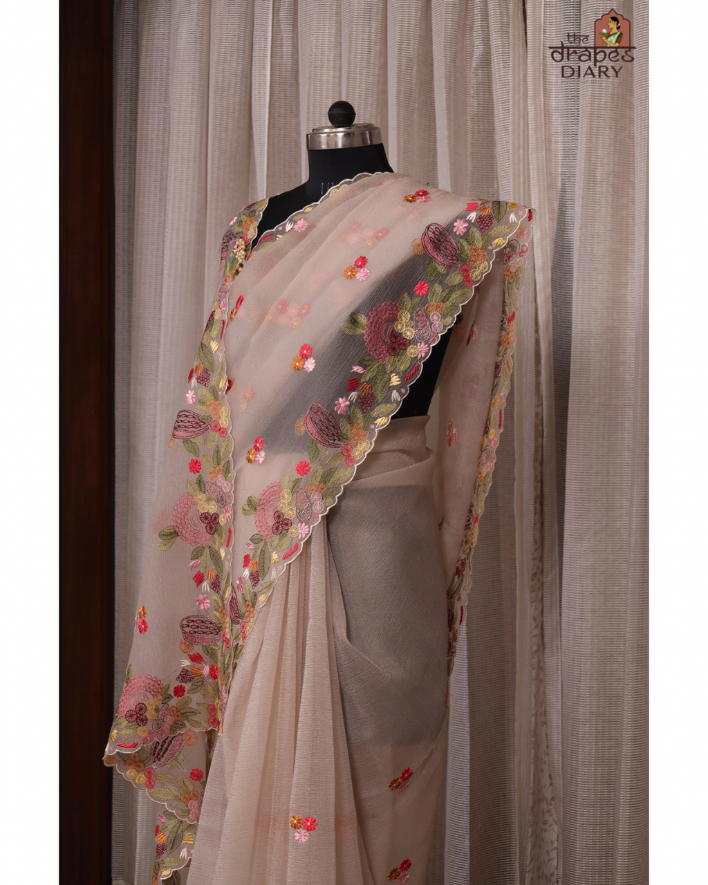 Champagne Whisper – Embroidered Crush Tissue Saree