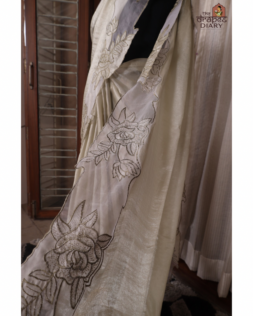 Ethereal Blooms – Soft Sage Cream Shimmer Tissue Saree