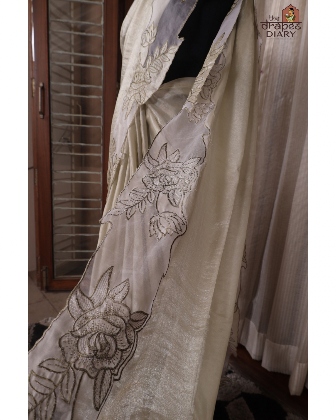 Ethereal Blooms – Soft Sage Cream Shimmer Tissue Saree