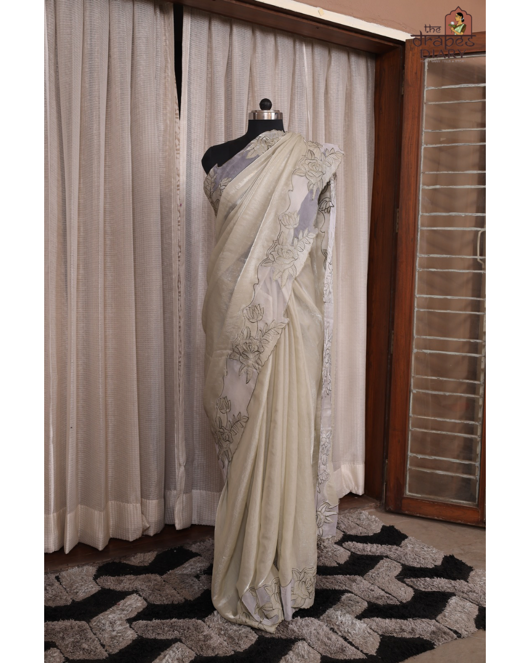 Ethereal Blooms – Soft Sage Cream Shimmer Tissue Saree