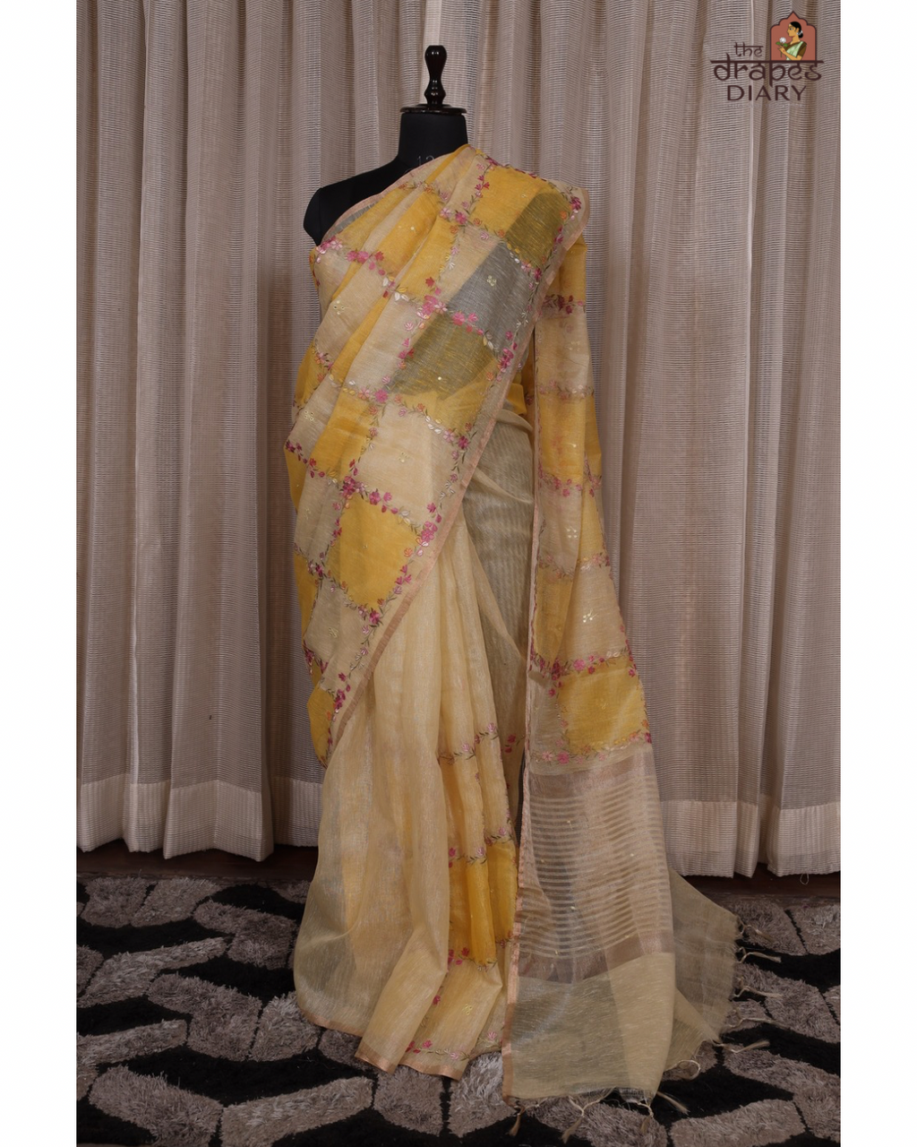 Golden Vine – Mustard Linen Tissue Saree