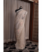Ivory Bloom – 3D Floral Crush Tissue Saree