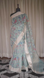Luminous Hues – Soft Teal Cream Organza Saree