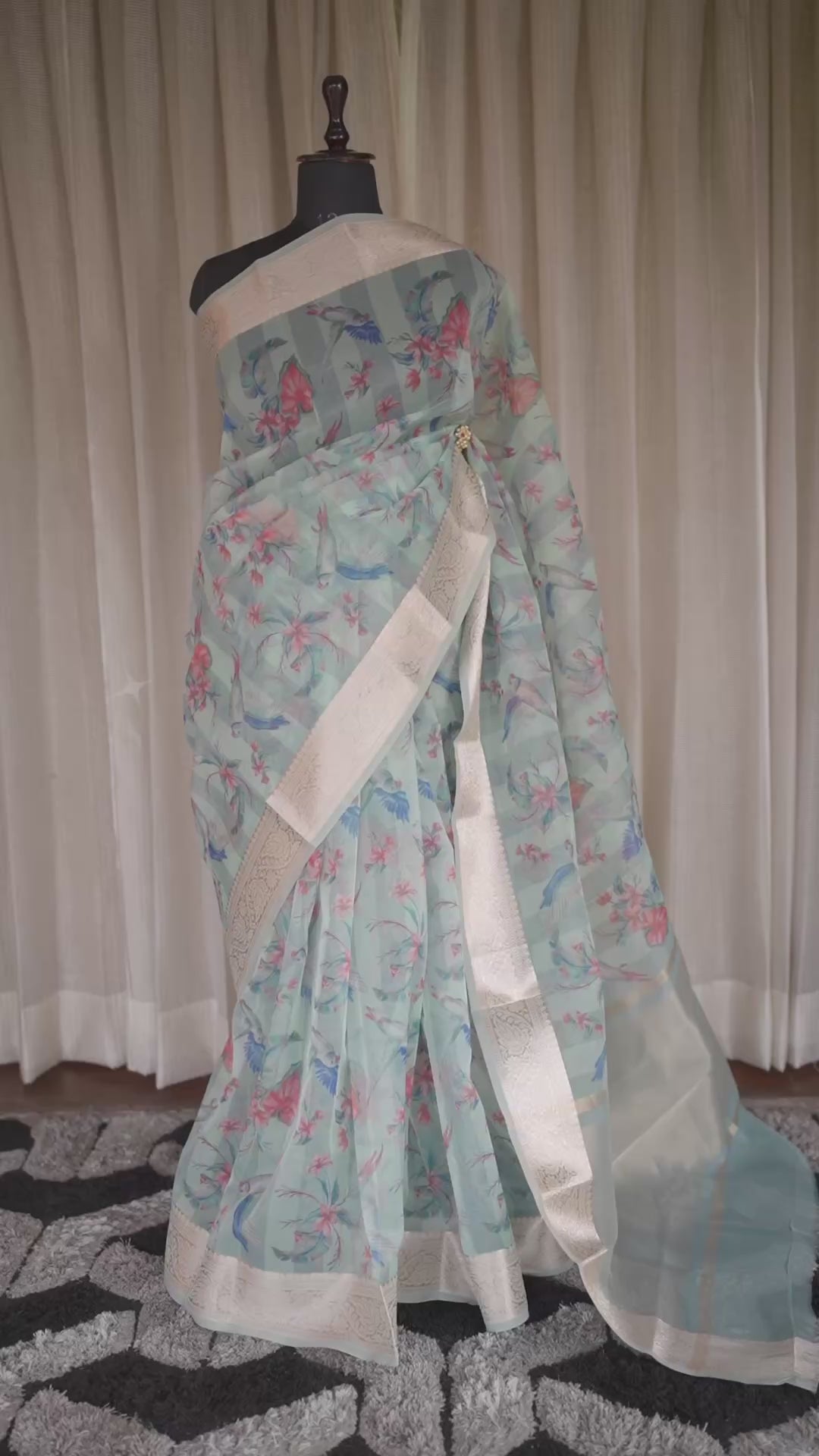 Luminous Hues – Soft Teal Cream Organza Saree