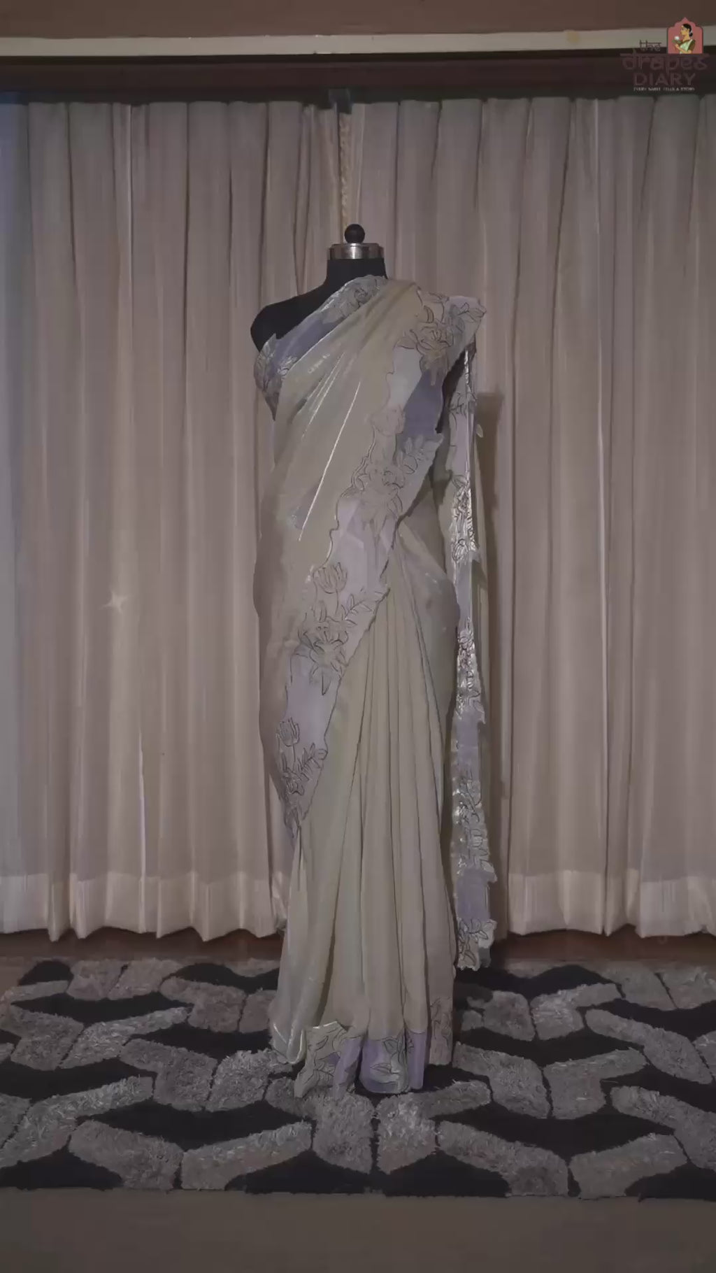 Ethereal Blooms – Soft Sage Cream Shimmer Tissue Saree