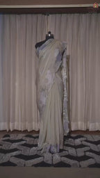 Ethereal Blooms – Soft Sage Cream Shimmer Tissue Saree