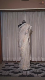 Ivory Bloom – 3D Floral Crush Tissue Saree